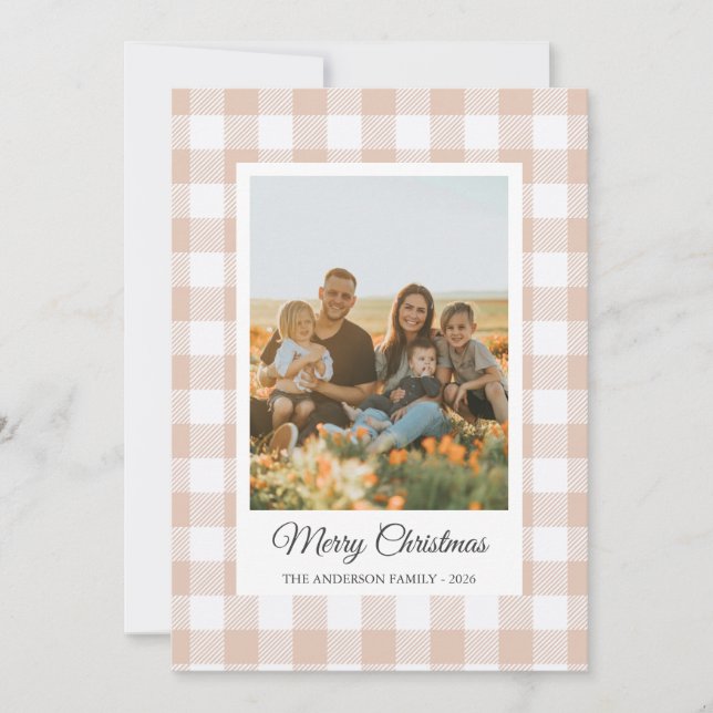 White blush buffalo plaid photo Holiday Card Julkort (Framsida)