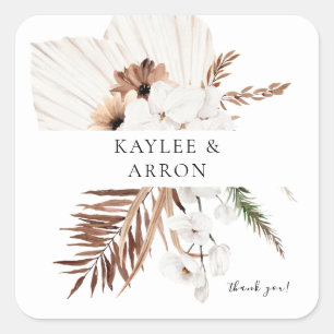 White Boho & Beige Blommigt Tack Fyrkantigt Klistermärke
