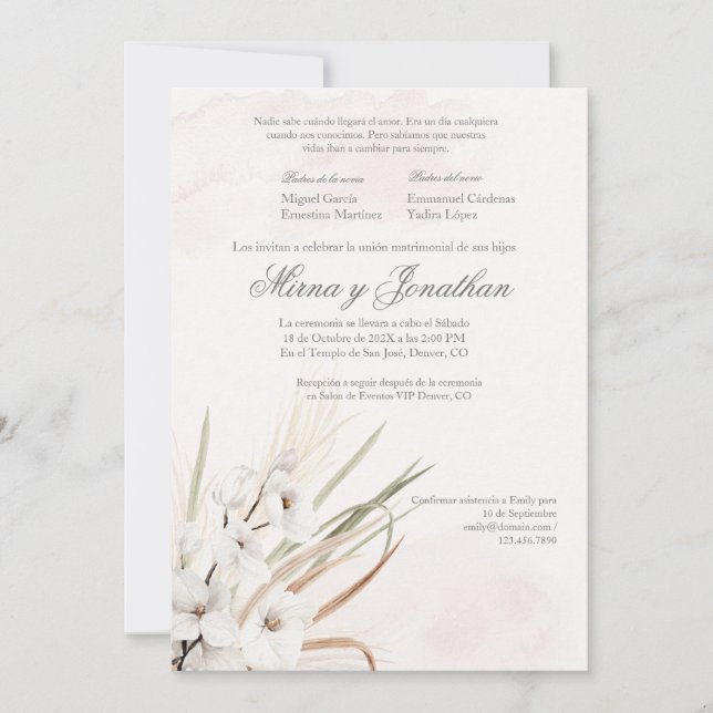 White Boho Beige Spansk bröllopsinbjudan Inbjudningar (Framsida)