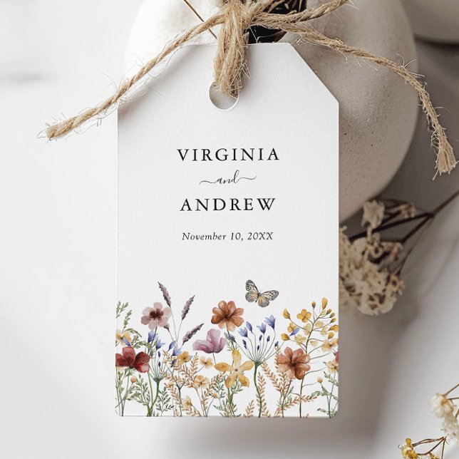 White Boho Bröllop Gift Märkres Presentetikett (White Boho Wildflower Wedding Gift Tags with Butterfly by Painted Paperie
)
