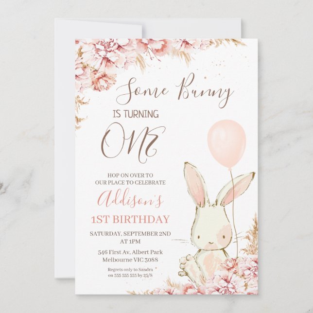 White Boho Bunny Balloon 1:a födelsedag Inbjudningar (Framsida)