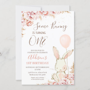 White Boho Bunny Balloon 1:a födelsedag Inbjudningar
