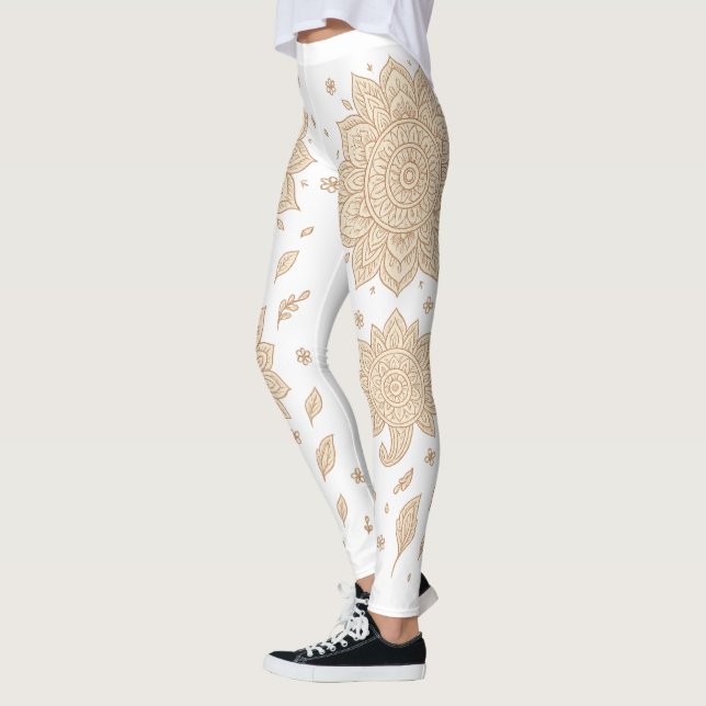 White Boho Mandala Minimalist Yoga Leggings (Vänster)