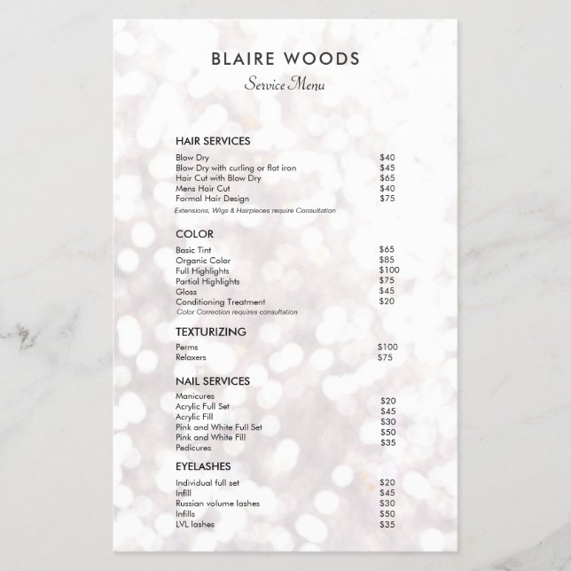 White Bokeh Glitter Hair Salon Pris List Menu Flygblad (Framsidan)