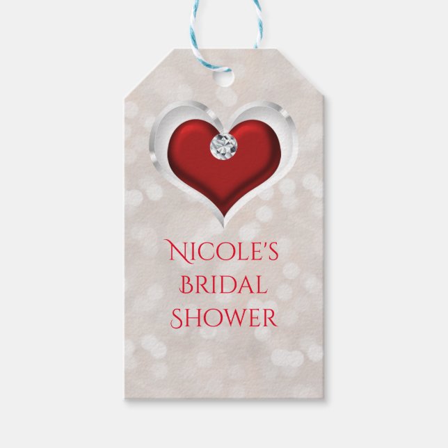White Bokeh Red Valentines Glam Heart Favor Presentetikett (Framsidan)