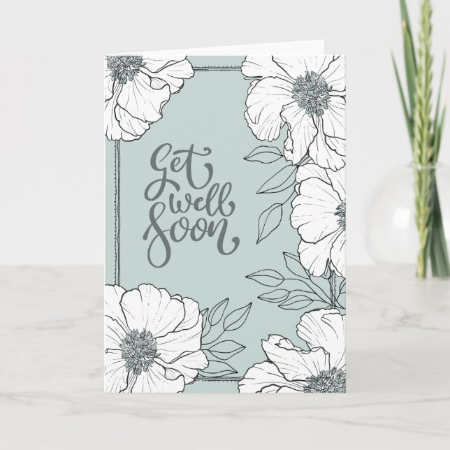 White Botanicals on Aqua "Get Well Soon" Kort (Framsida)