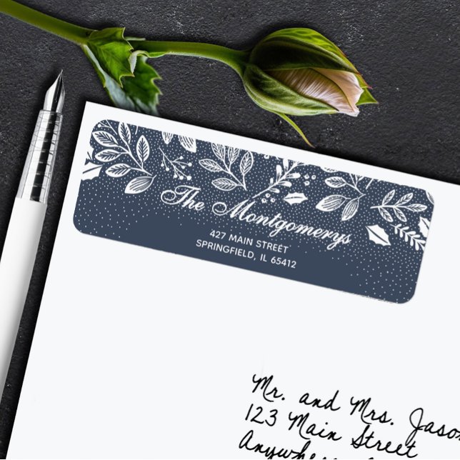 White Botanicals on Blue Return Address Returadress Etikett (White botanicals on blue return address labels)