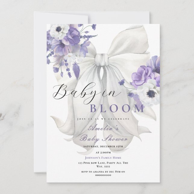 White Bow Baby i Bloom Baby Shower Lila Blommigt Inbjudningar (Framsida)