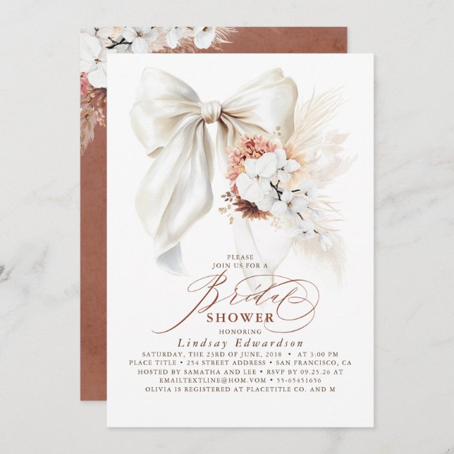 White Bow Blommigt Terracotta Boho Möhippa Inbjudningar (Fram/baksida)