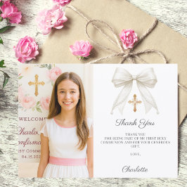 White bow photo pearls girl Confirmation Tack Kort