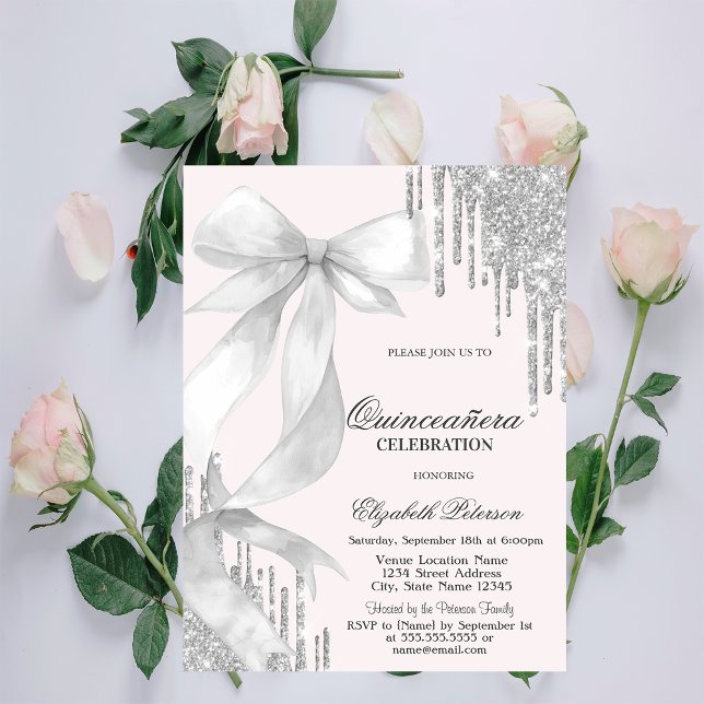 White Bow Silver Glitter Drips Quinceañera Inbjudningar (Skapare uppladdad)