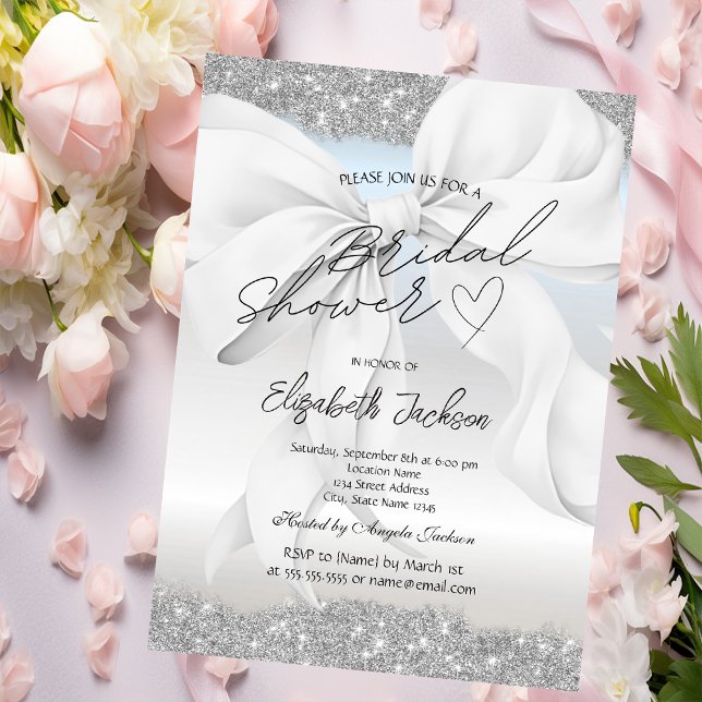 White Bow Silver Sparkle Glitter Bridal Shower  Inbjudningar (Skapare uppladdad)