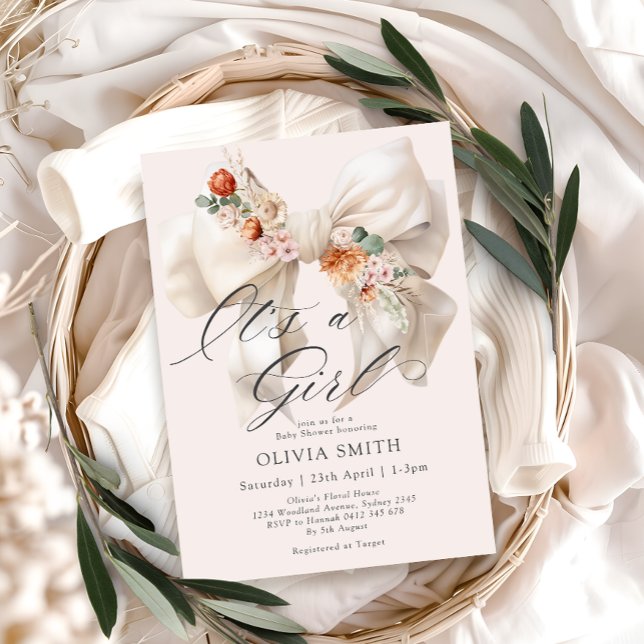 White Bow sin Blommigt Baby Shower Inbjudningar (Skapare uppladdad)