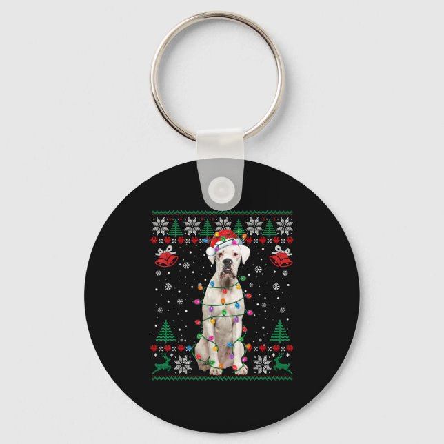 White Boxer Dog Ugly Christmas Sweater Funny Xmas  Nyckelring (Framsida)