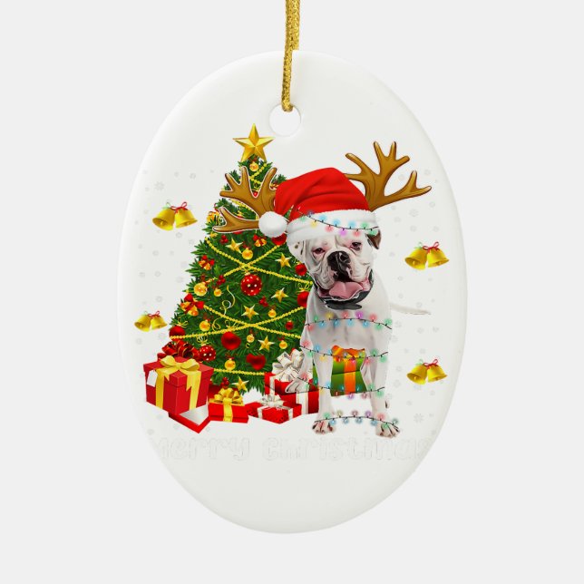 White Boxer Hund jul Ljus Träd Santa hat Julgransprydnad Keramik (Framsidan)
