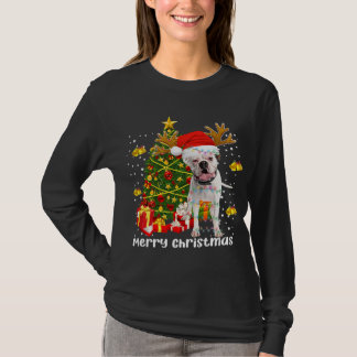 White Boxer Hund jul Ljus Träd Santa hat T Shirt