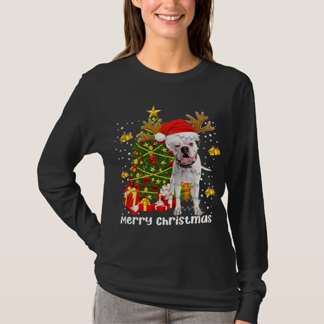 White Boxer Hund jul Ljus Träd Santa hat T Shirt (Framsida)