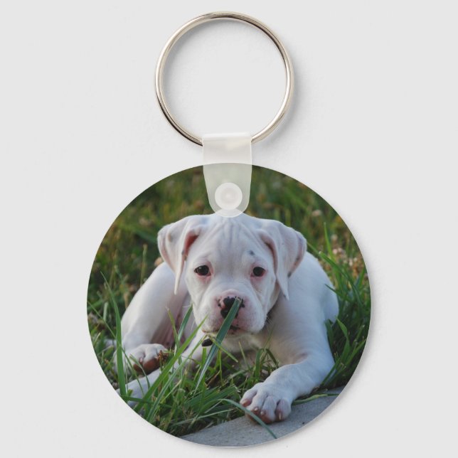 White Boxer Puppy Nyckelring (Framsida)
