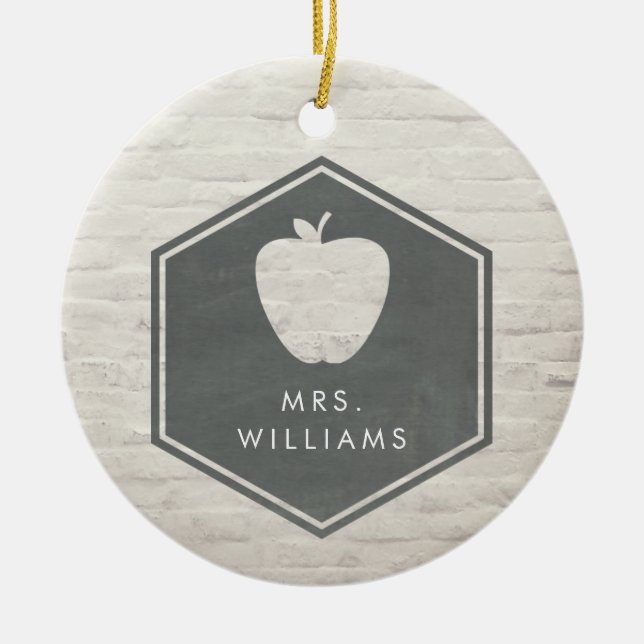 White Brick Chalkboard Inspired Apple Teacher Julgransprydnad Keramik (Framsidan)
