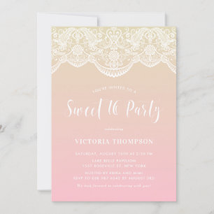 White Brocade Snöre Rosa Ombre Sweet 16 Party Inbjudningar