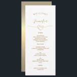 White Bröllop Menu med Namn & Guld Heart Meny<br><div class="desc">Lägg till elegans i din bröllopsmottagning med den minimalistiska vita bröllop-menyn som innehåller varje gästs namn i ett snyggt skript och en romantisk hjärtsymbol för guld. Med sin rena layout, mjuka elfenbensbakgrund och klassiska serif typsnitt i guld är den här menyn perfekt för modernt, elegant eller kustinspirerat bröllop. Personlig gäst...</div>