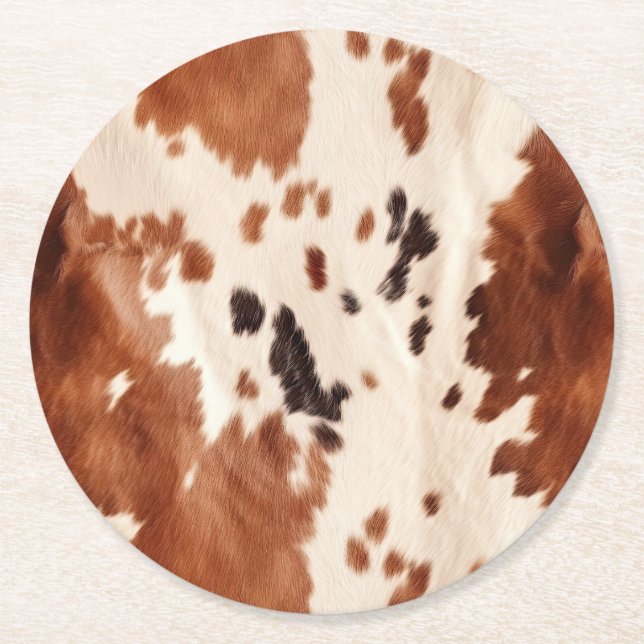 White Brown Cowhide Animal Print Underlägg Papper Rund (Framsidan)