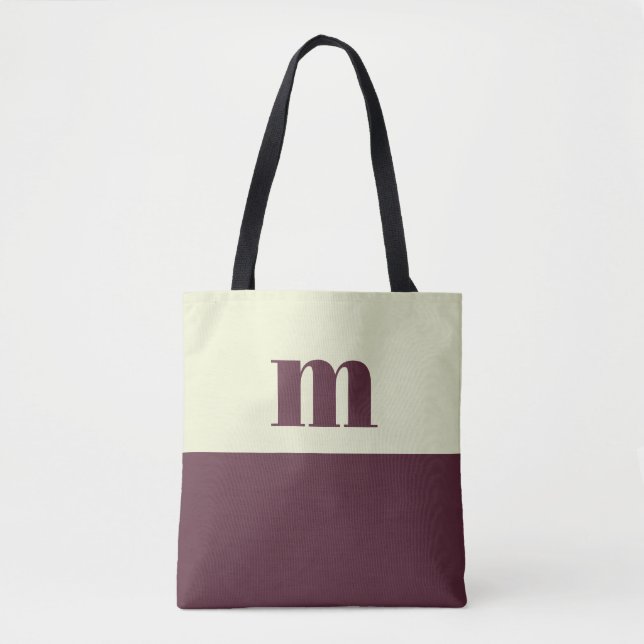 White & brown initial personalized tote bag tygkasse (Framsida)