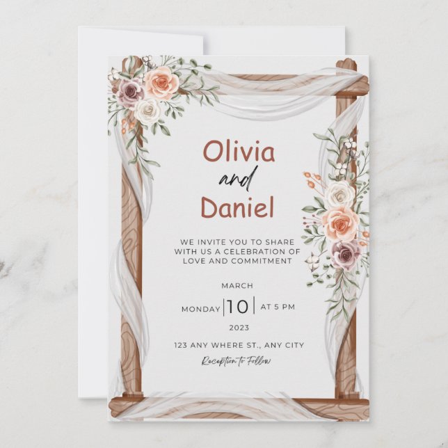 White Brown Rustic Blommigt Bröllop Inbjudningar (Framsida)
