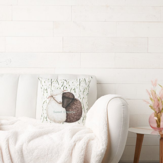 White Brown Sheep Flowers  Kudde (Soffa)