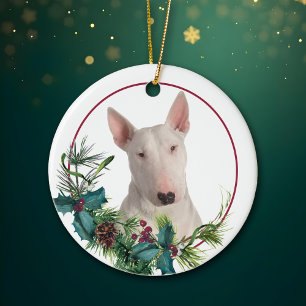 White Bull Terrier Hund Evergreen Berry Wandan Julgransprydnad Keramik