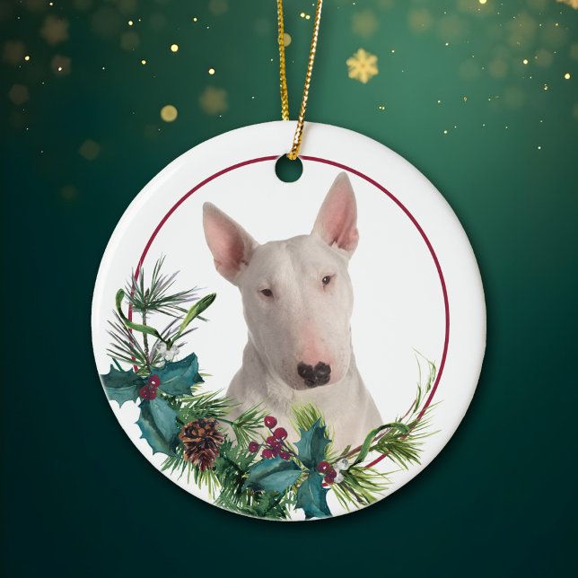 White Bull Terrier Hund Evergreen Berry Wandan Julgransprydnad Keramik (Skapare uppladdad)