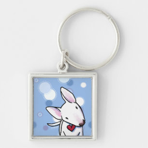 White Bull Terrier på Blue Dots Keychain Fyrkantig Silverfärgad Nyckelring