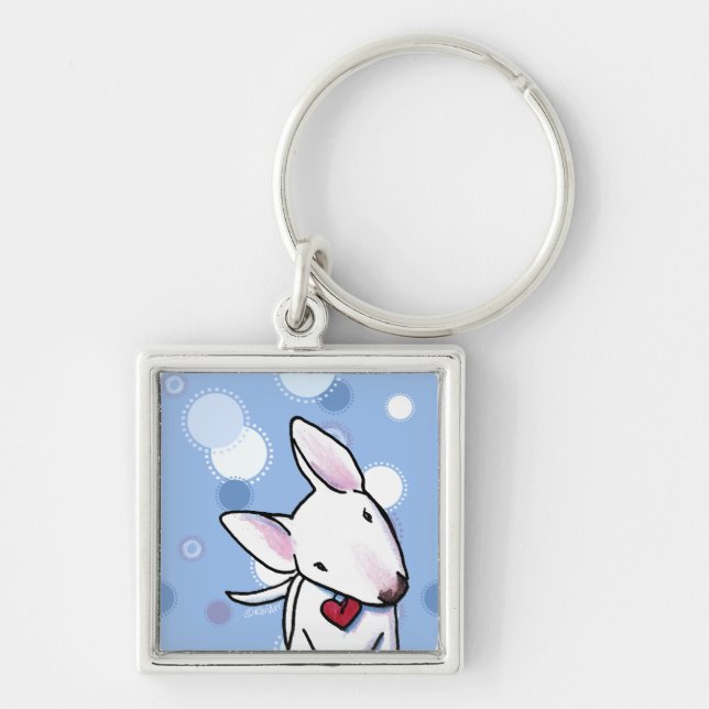 White Bull Terrier på Blue Dots Keychain Fyrkantig Silverfärgad Nyckelring (Framsidan)