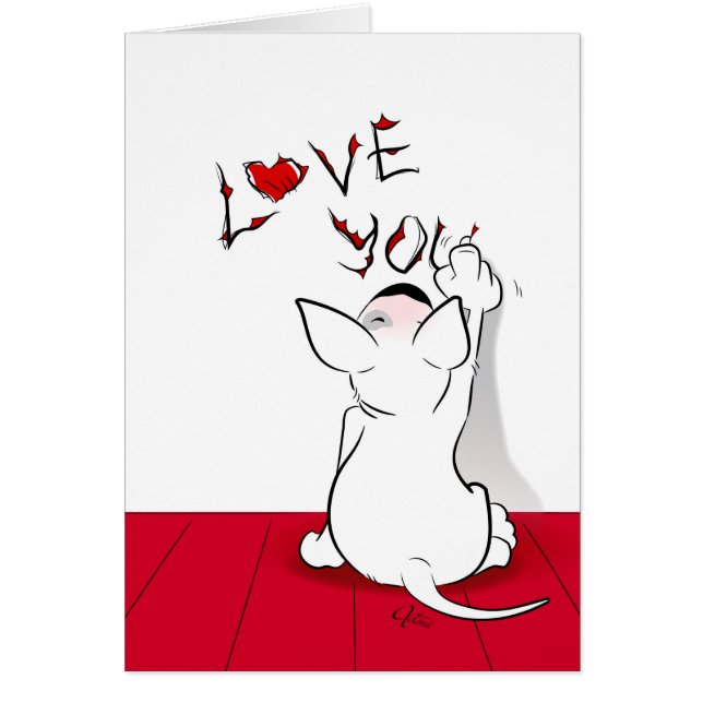 White Bull Terrier Tecknad Card "Kärlek you" Hälsningskort (Framsidan)