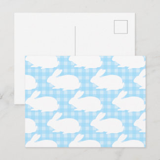White Bunnies on Pastel Blue Gingham Pattern Vykort