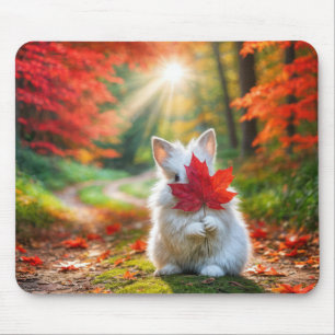 White Bunny Gömmer bakom en röd maple Löv Musmatta
