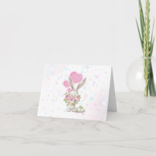 White Bunny med Big Rosa Flowers & Hearts Tack Kort (Framsida)