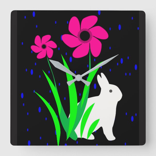 White Bunny med Flowers Wall Clock av Julie Fyrkantig Klocka (Framsida)