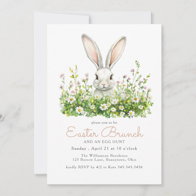White Bunny och Blommigt Påsk Brunch Egg Hunt Inbjudningar (Framsida)