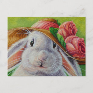 White Bunny Rabbit i Vår Bonnet Watercolor Art Vykort