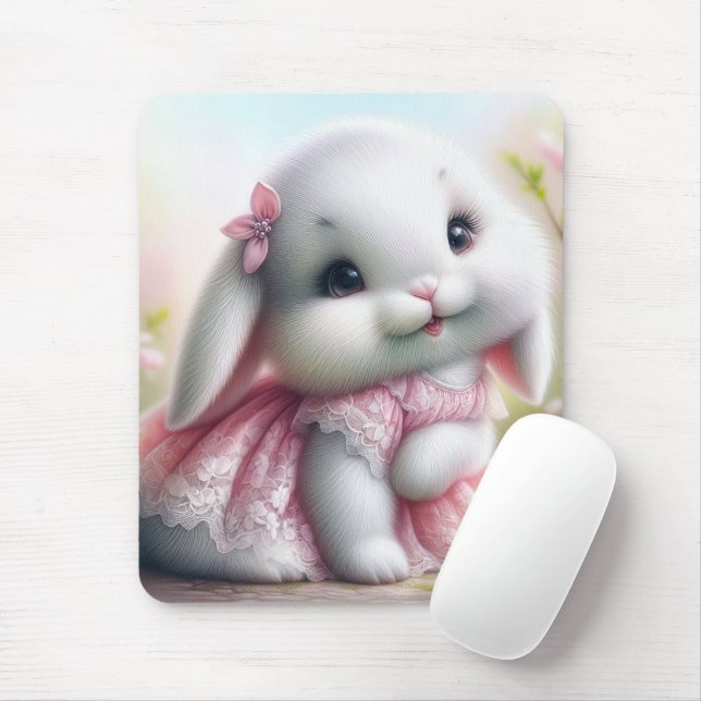 White Bunny Wearing Rosa Snöre Dress Musmatta (Med mus)