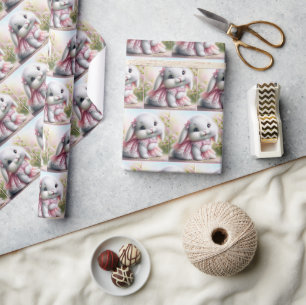 White Bunny Wearing Rosa Snöre Dress Presentpapper