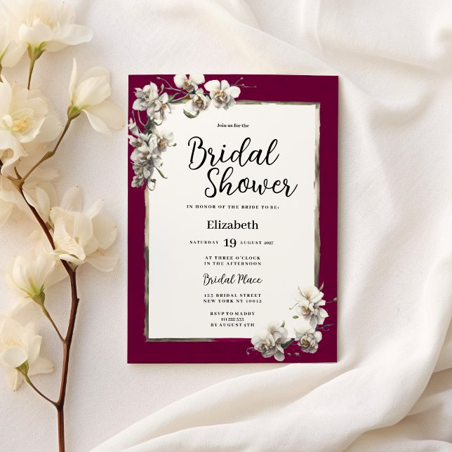 White burgundy gold orchid floral Bridal Shower Inbjudningar (White burgundy gold orchid floral Bridal Shower)