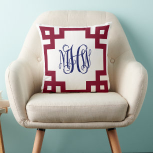 White Burgundy Navy Grekiska Nyckel Vine Monogram  Kudde