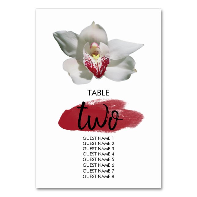 White Burgundy Orchid Bröllop Guest Namn Bordsnummer (Framsidan)