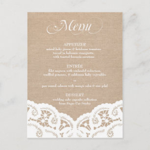 White Burlap Snöre Doily Bröllop Menu Vykort
