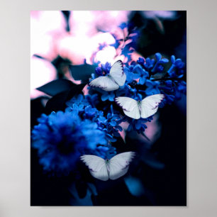 White Butterflies Blåa blommor, fjäril Poster