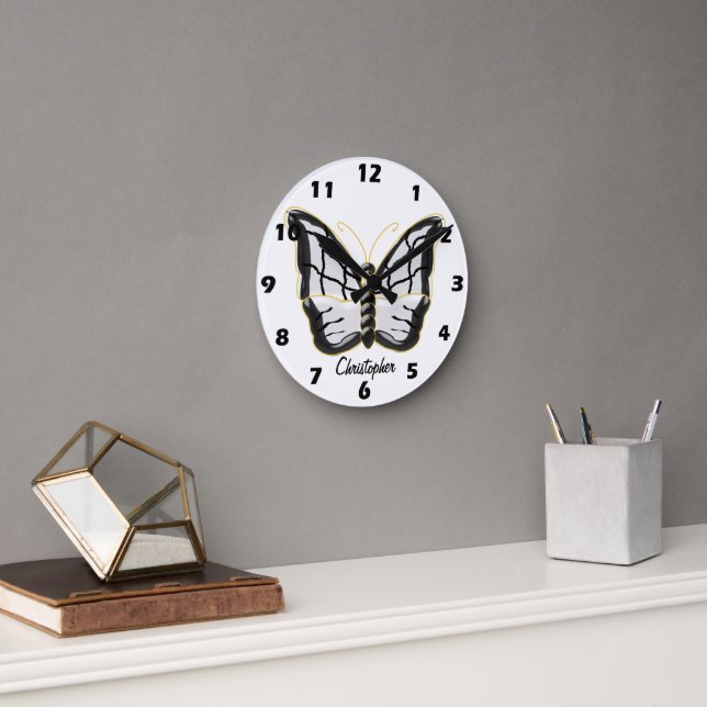 White Butterfly Design Personalised Rund Klocka (Kontor)