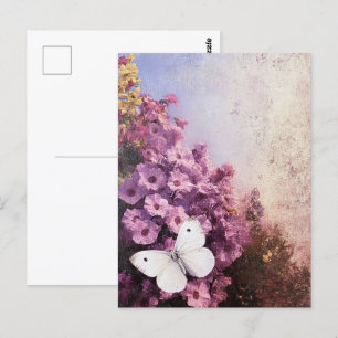 White Butterfly Lila blommor Impressionist Vykort