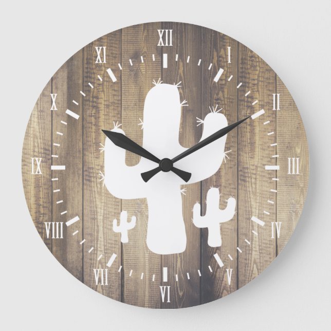 White Cactus & Faux Wood Stor Klocka (Framsida)